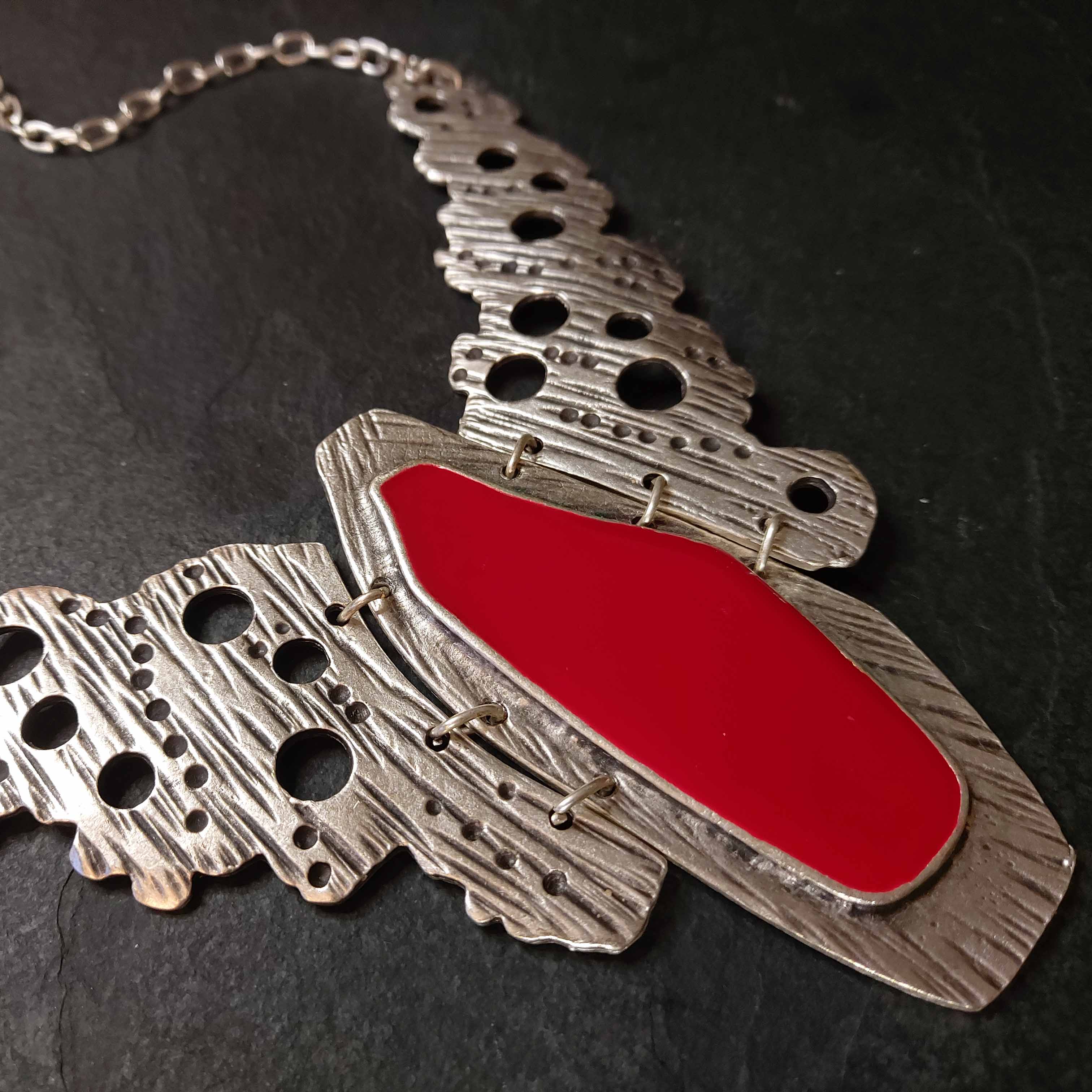 Ethnic bib necklace, brutalist tribal silver statement collar