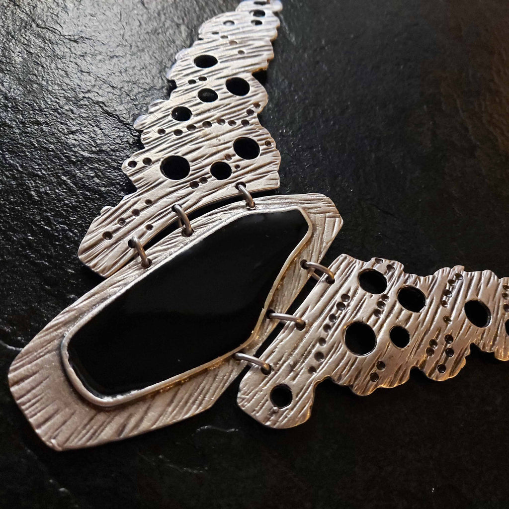 Ethnic bib necklace, brutalist tribal silver statement collar