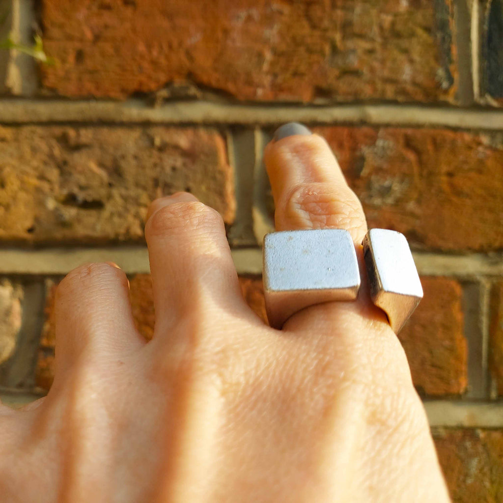 Geometric square ring, brutalist two shape chunky architectural statement ring