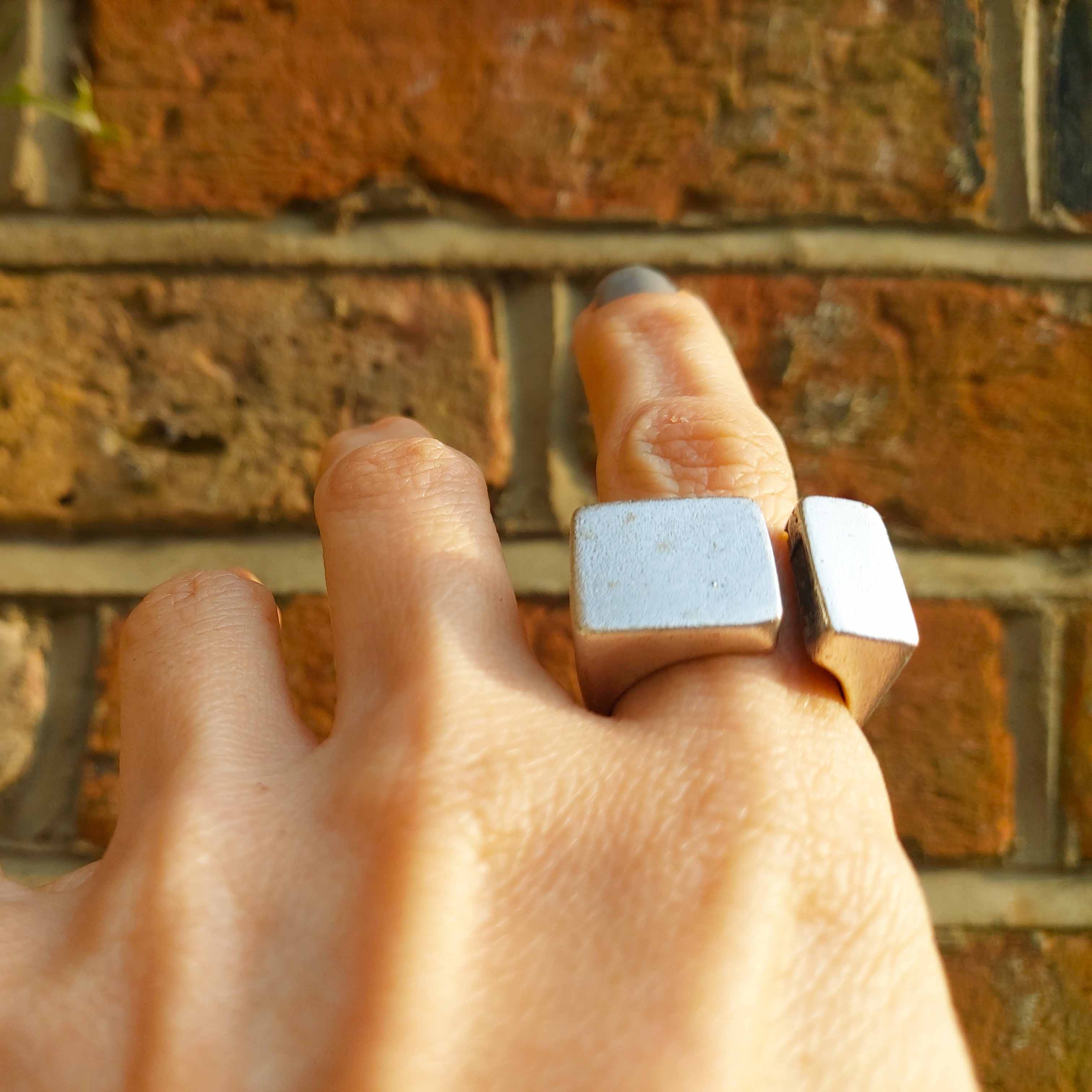 Geometric square ring, brutalist two shape chunky architectural statement ring