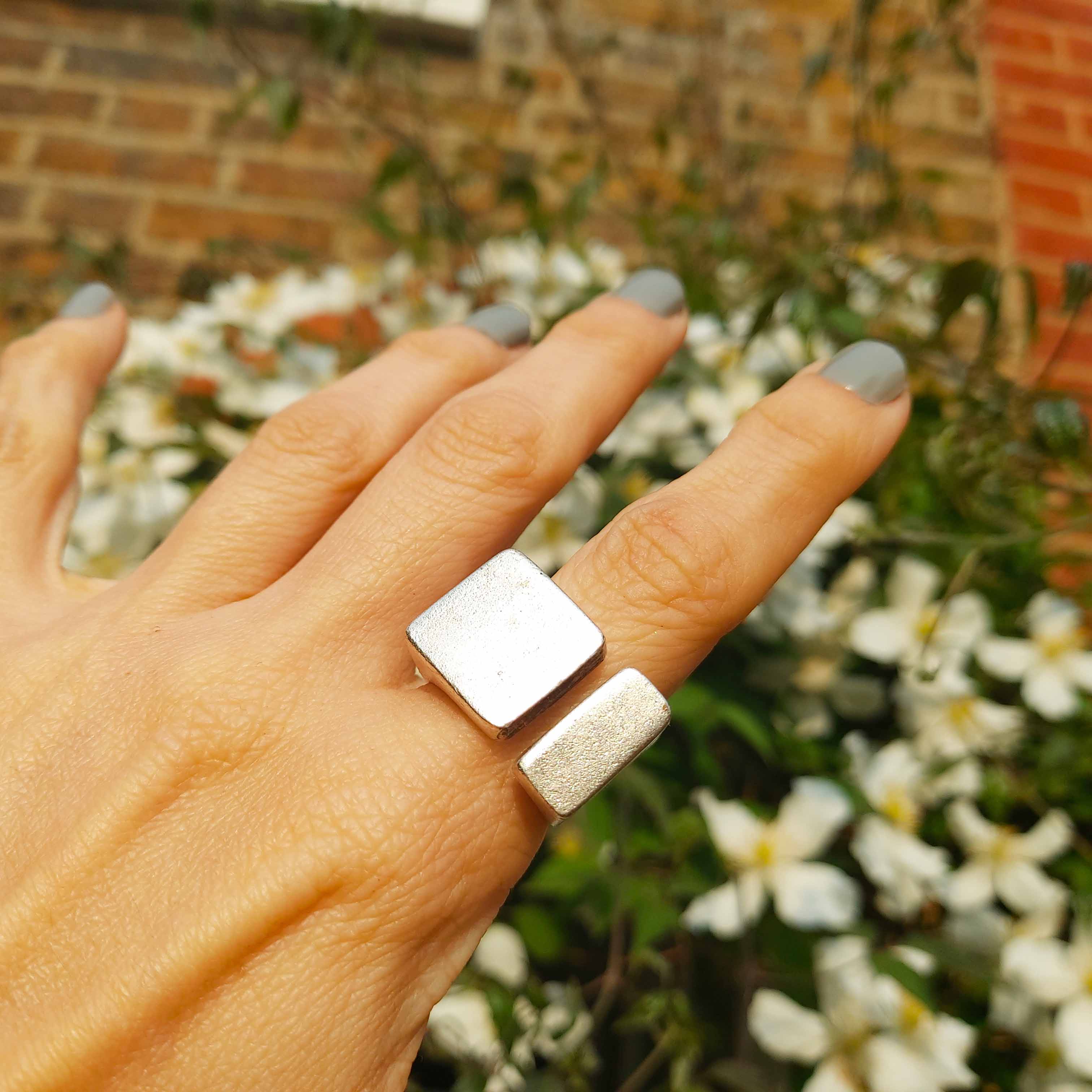 Geometric square ring, brutalist two shape chunky architectural statement ring