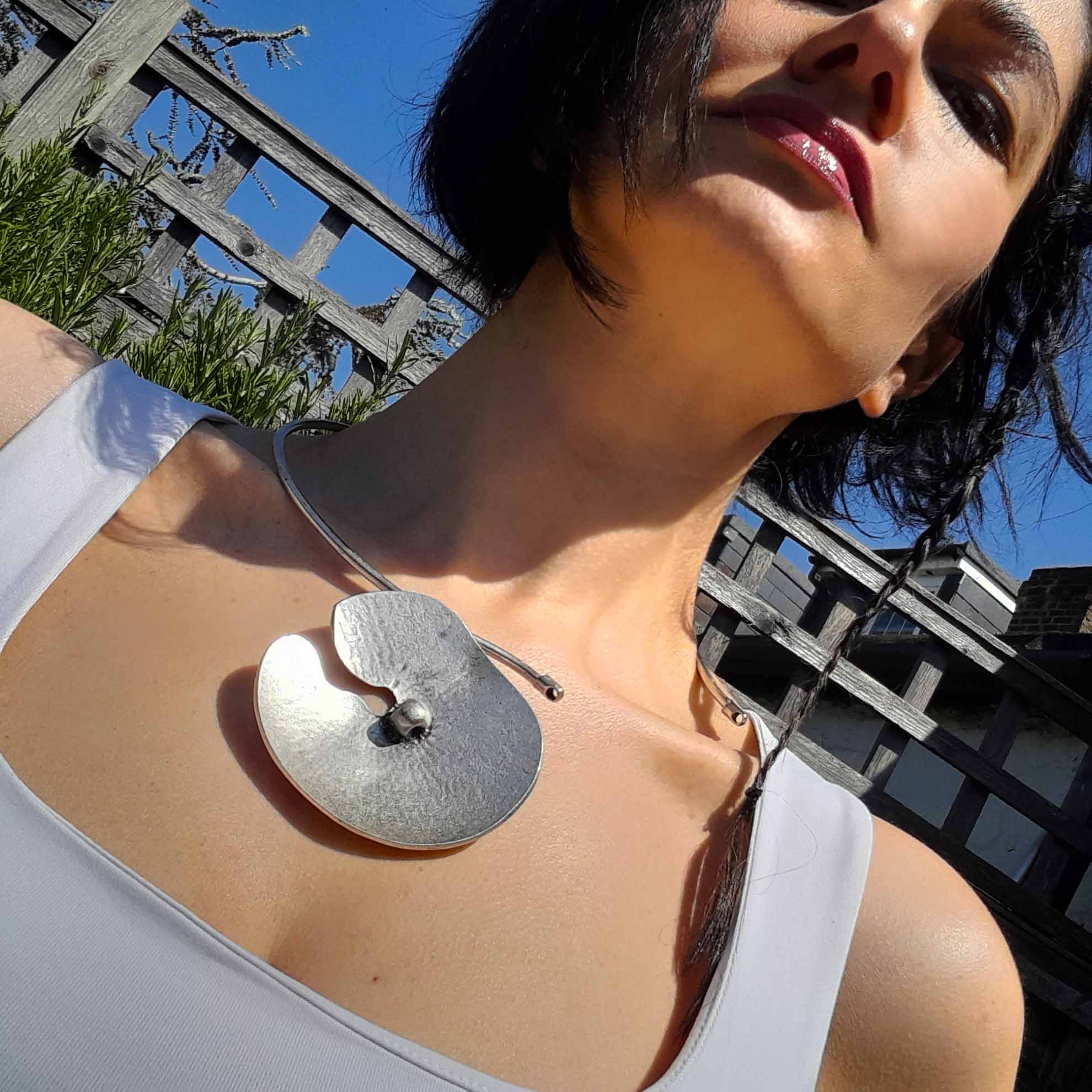Silver lotus flower necklace, oversized disc pendant brutalist choker