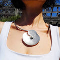 Silver lotus flower necklace, oversized disc pendant brutalist choker