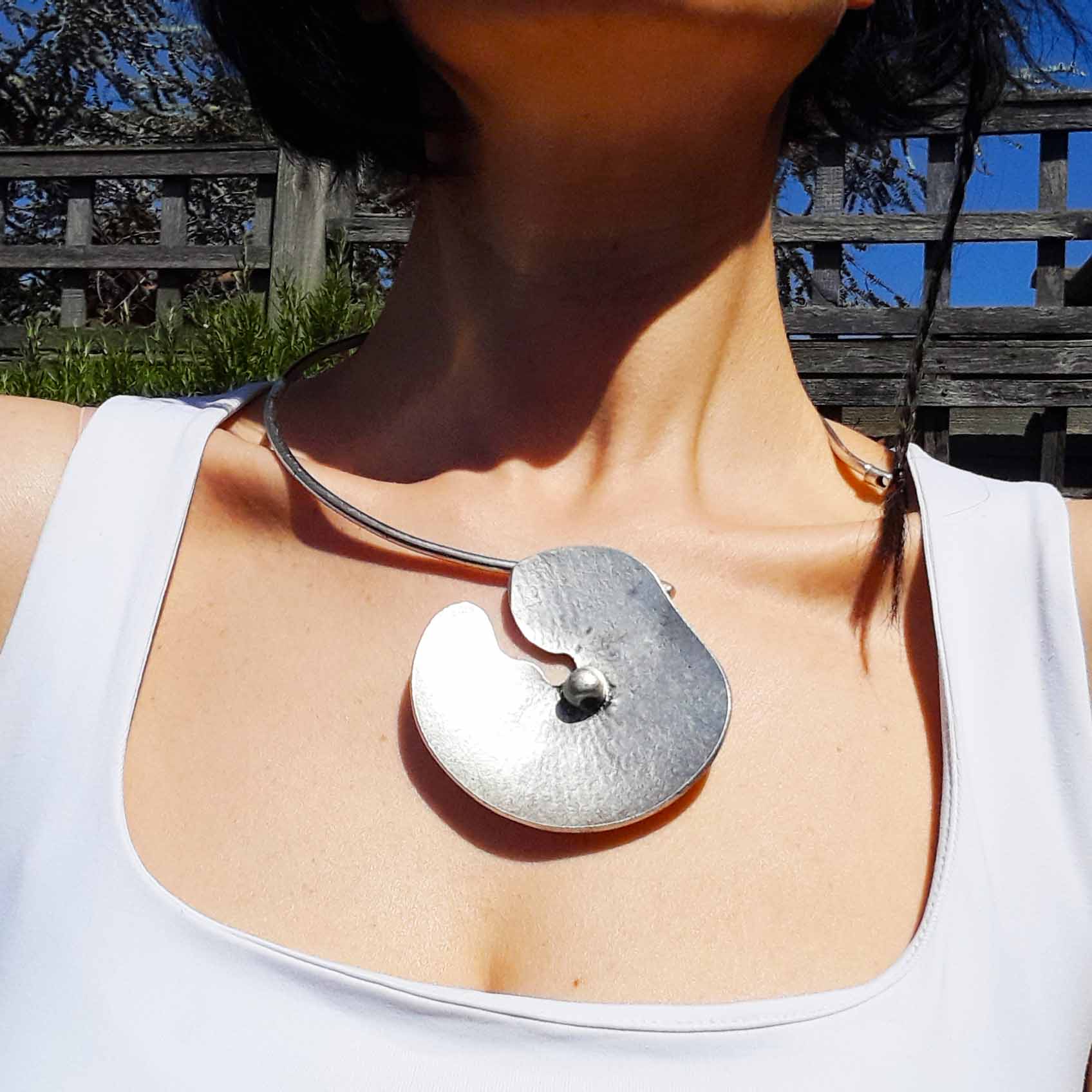 Silver lotus flower necklace, oversized disc pendant brutalist choker