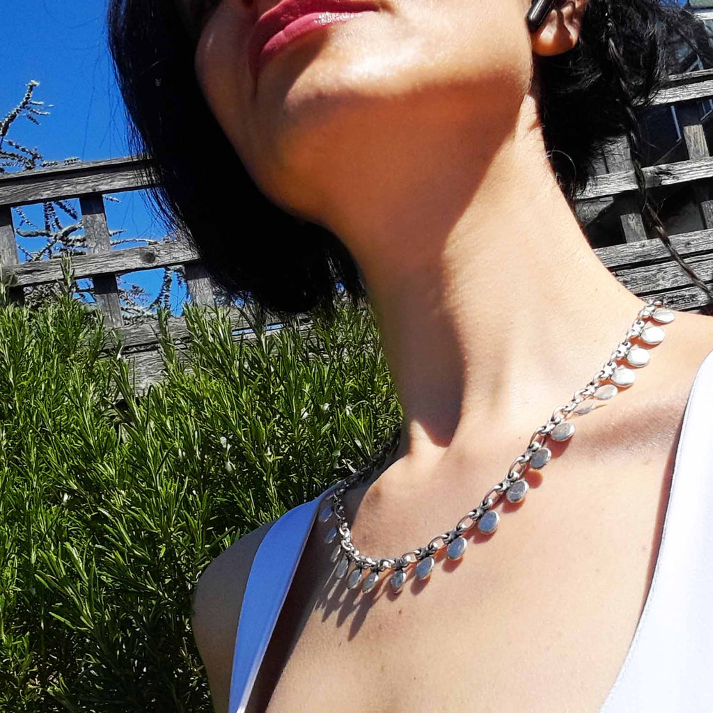 Silver coin charm necklace, dangle disc chain boho layering statement