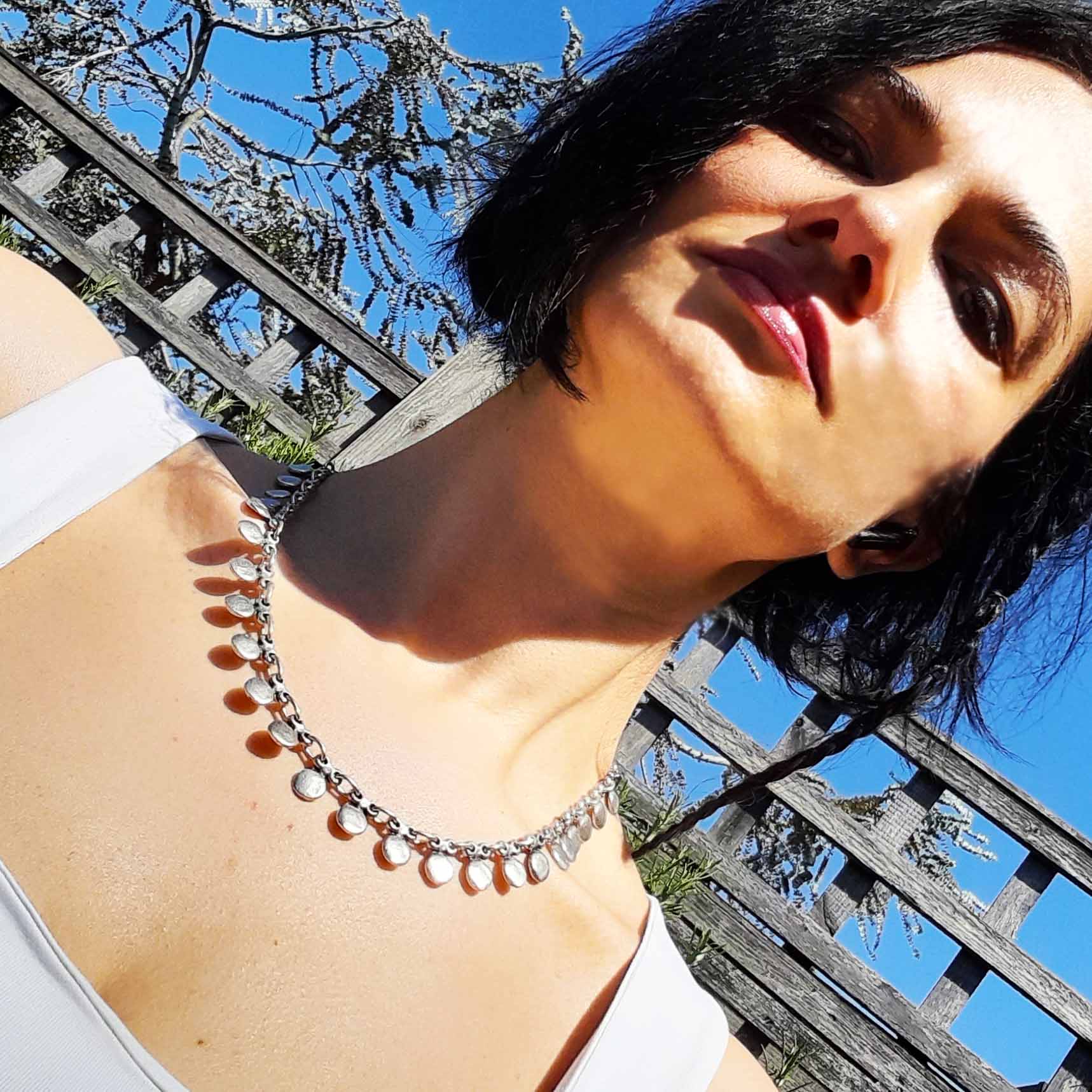 Silver coin charm necklace, dangle disc chain boho layering statement