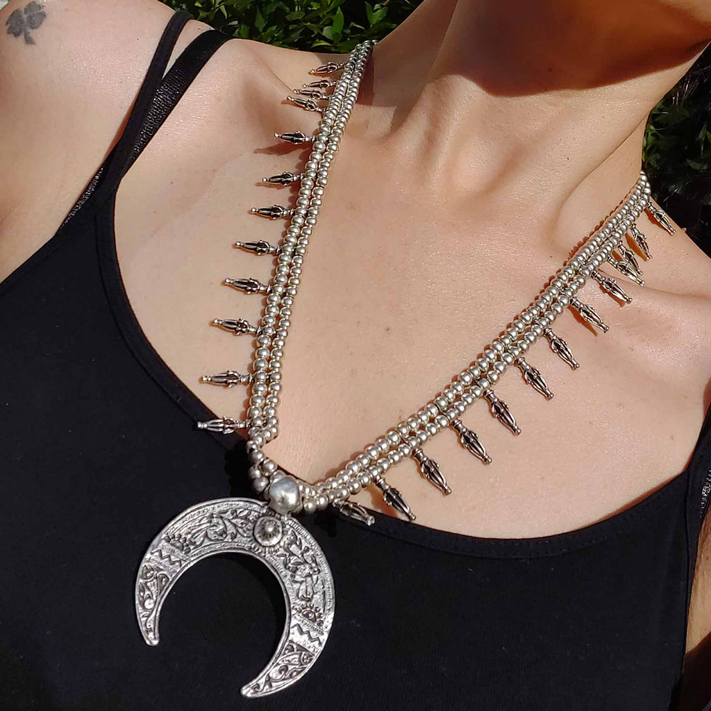 Silver crescent moon necklace, tuareg african fringe lunar statement choker