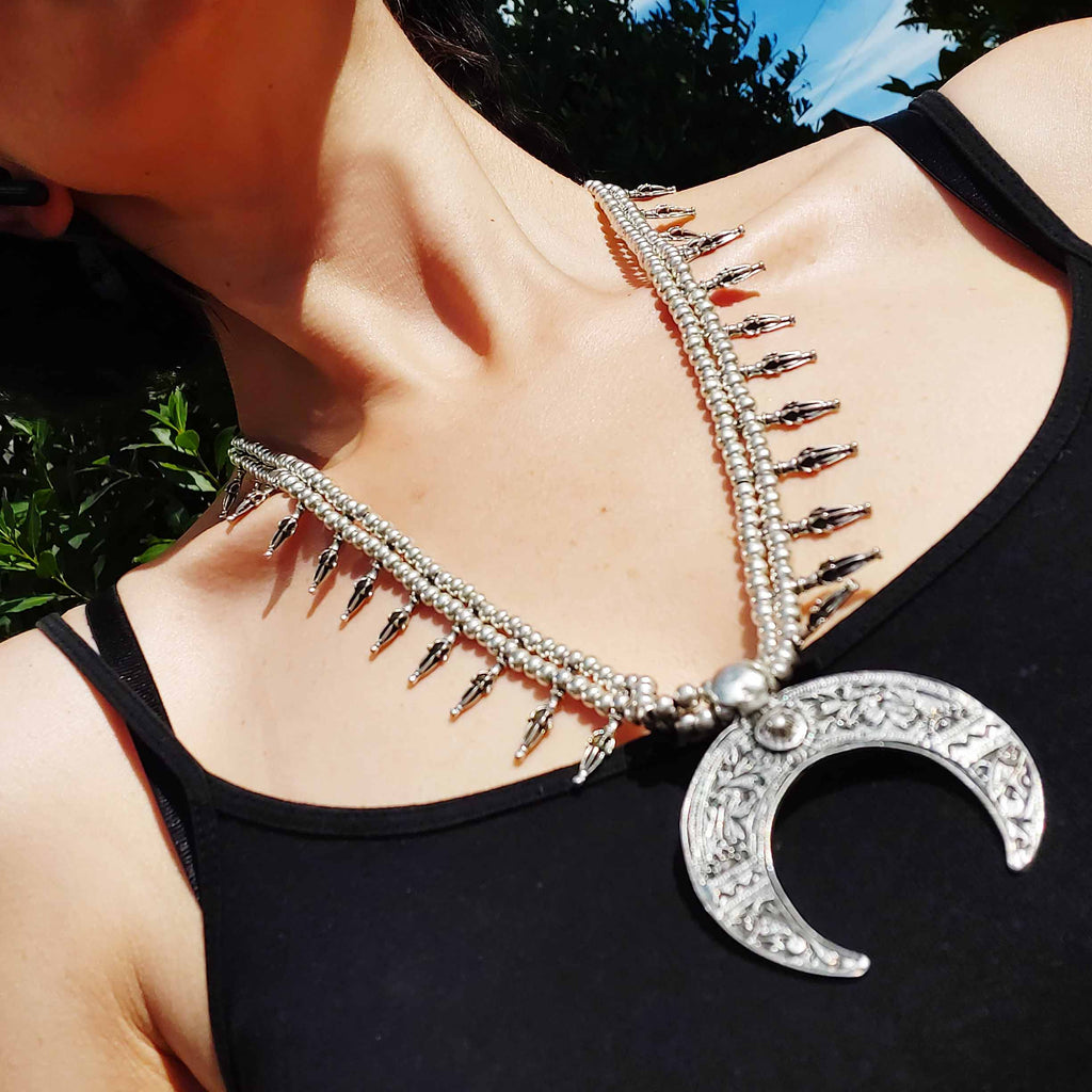 Silver crescent moon necklace, tuareg african fringe lunar statement choker