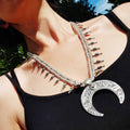 Silver crescent moon necklace, tuareg african fringe lunar statement choker