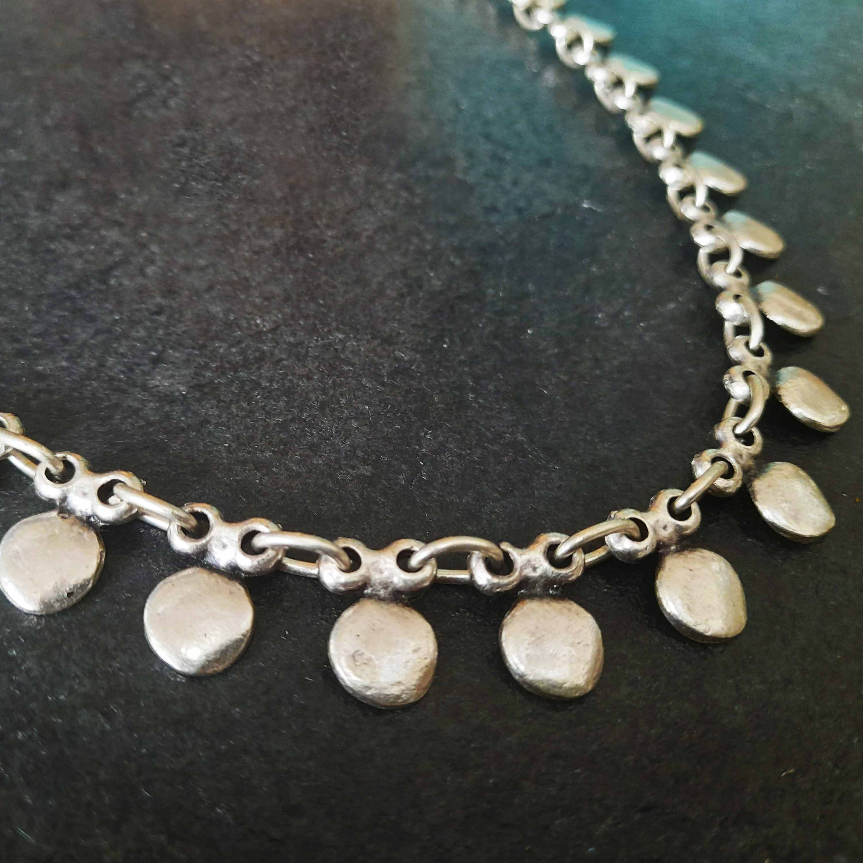 Silver coin charm necklace, dangle disc chain boho layering statement