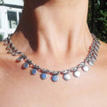 Silver coin charm necklace, dangle disc chain boho layering statement