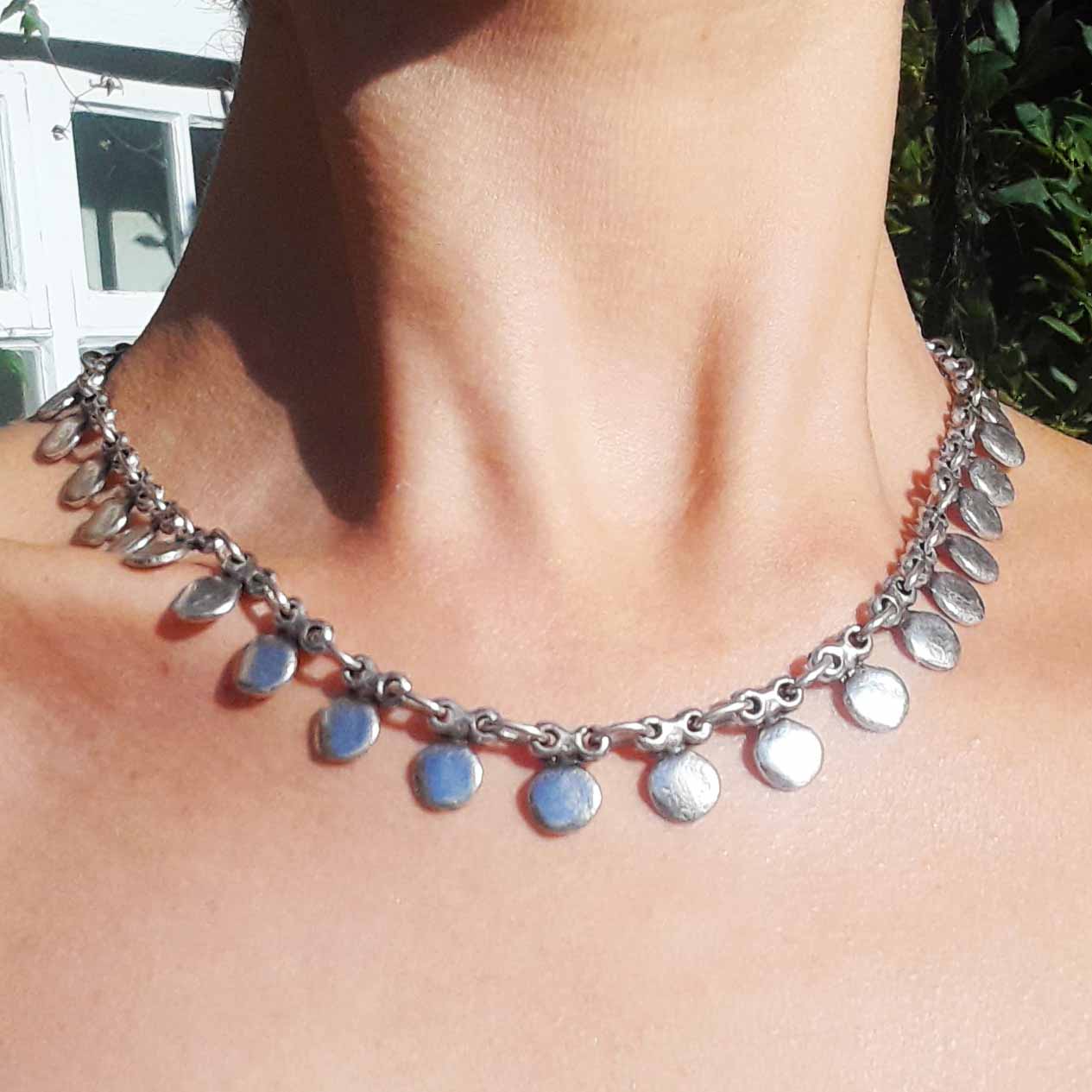 Silver coin charm necklace, dangle disc chain boho layering statement