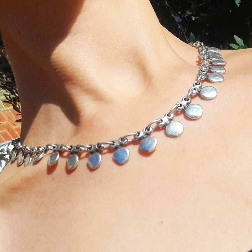 Silver coin charm necklace, dangle disc chain boho layering statement