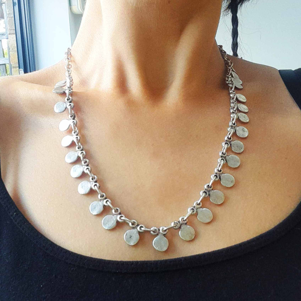Silver coin charm necklace, dangle disc chain boho layering statement