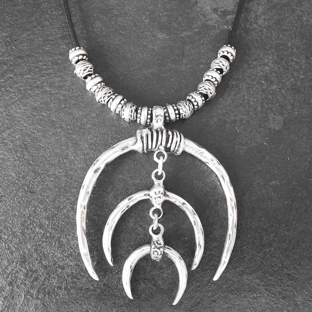 Tuareg double crescent necklace, silver plated african statement, leather cord