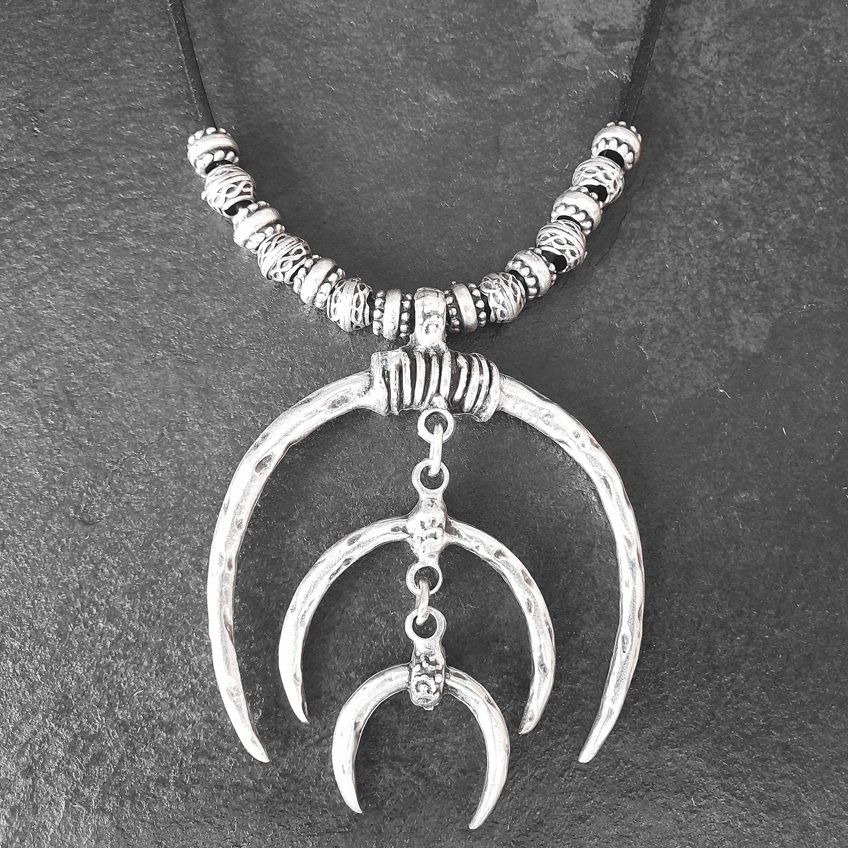 Tuareg double crescent necklace, silver plated african statement, leather cord