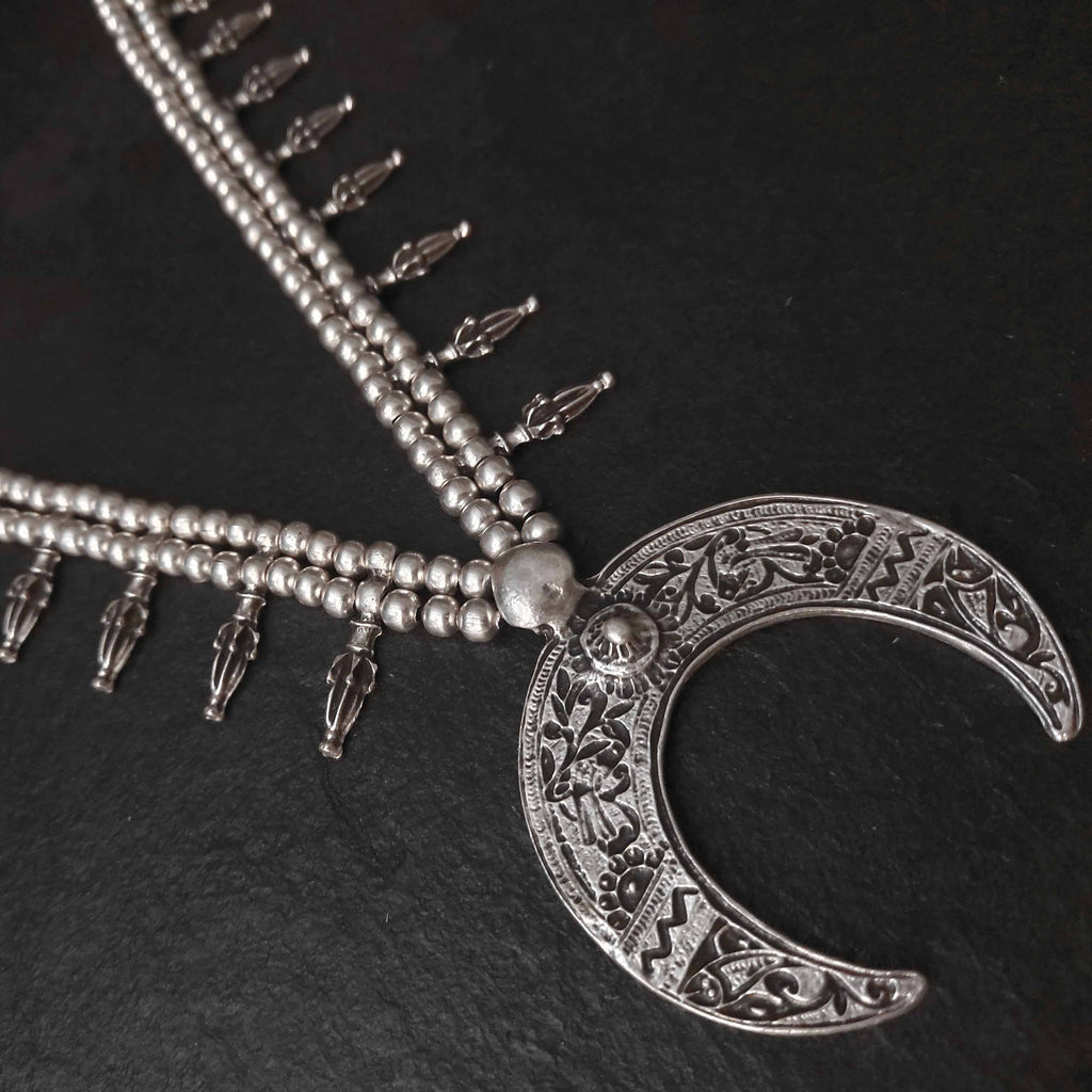 Silver crescent moon necklace, tuareg african fringe lunar statement choker