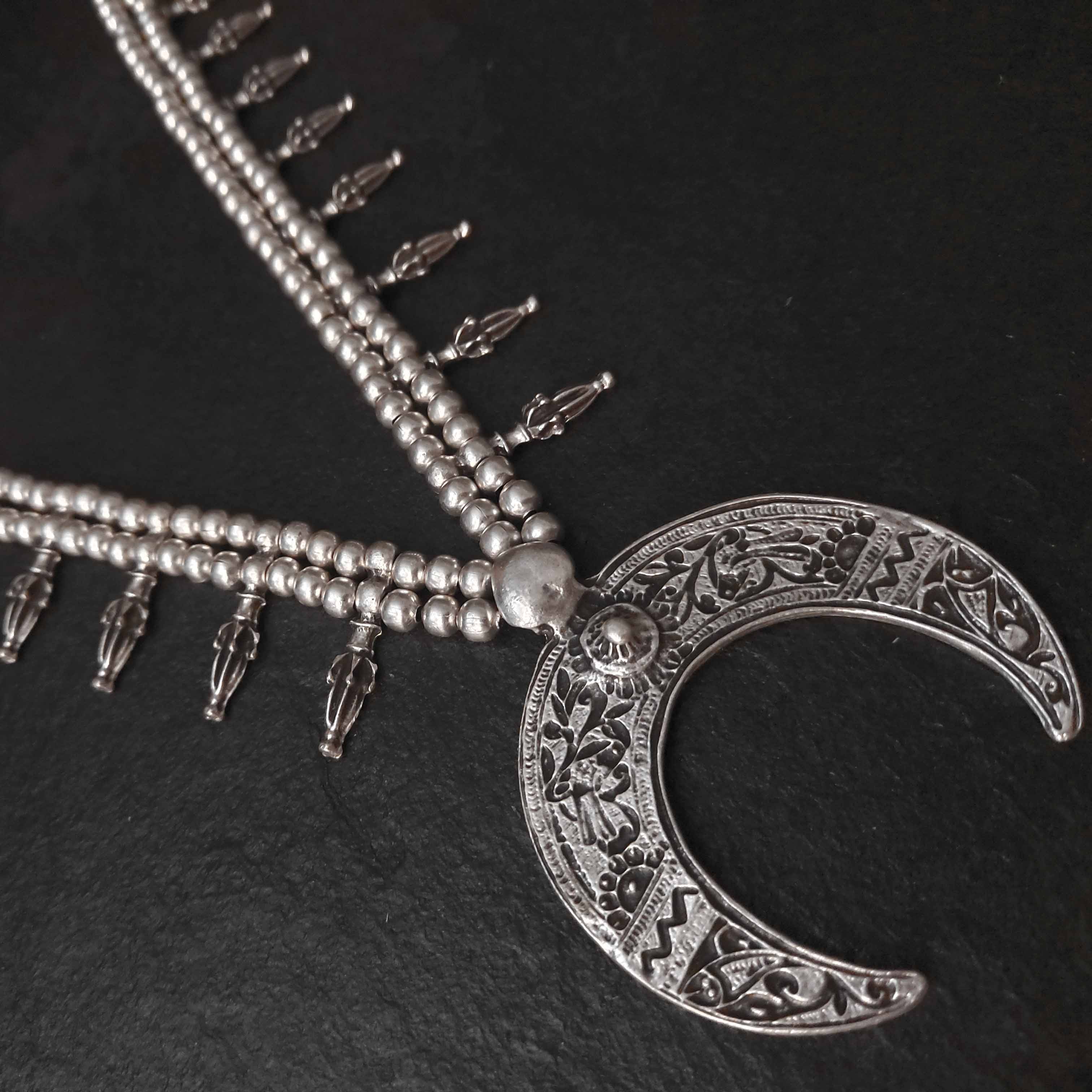 Silver crescent moon necklace, tuareg african fringe lunar statement choker