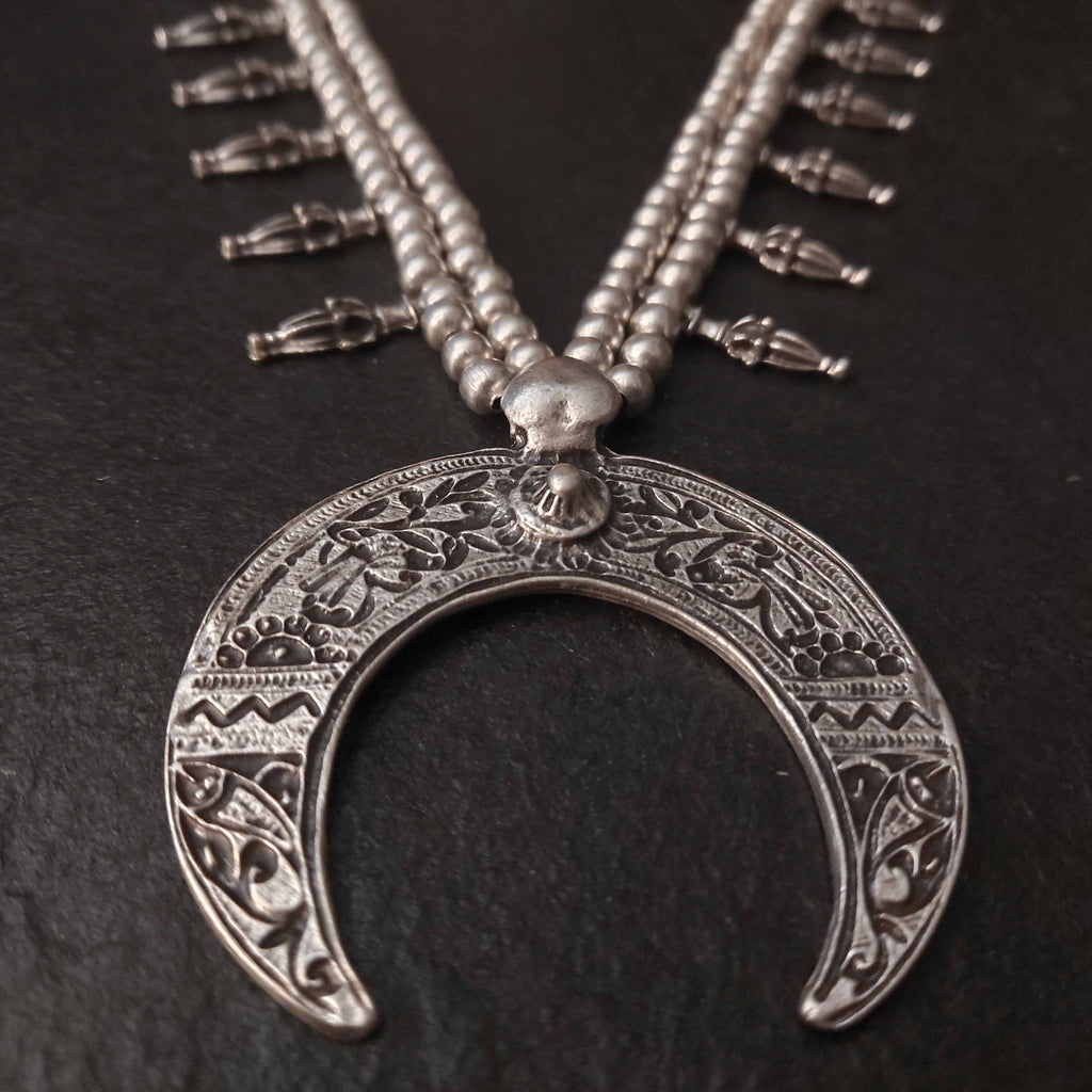 Silver crescent moon necklace, tuareg african fringe lunar statement choker