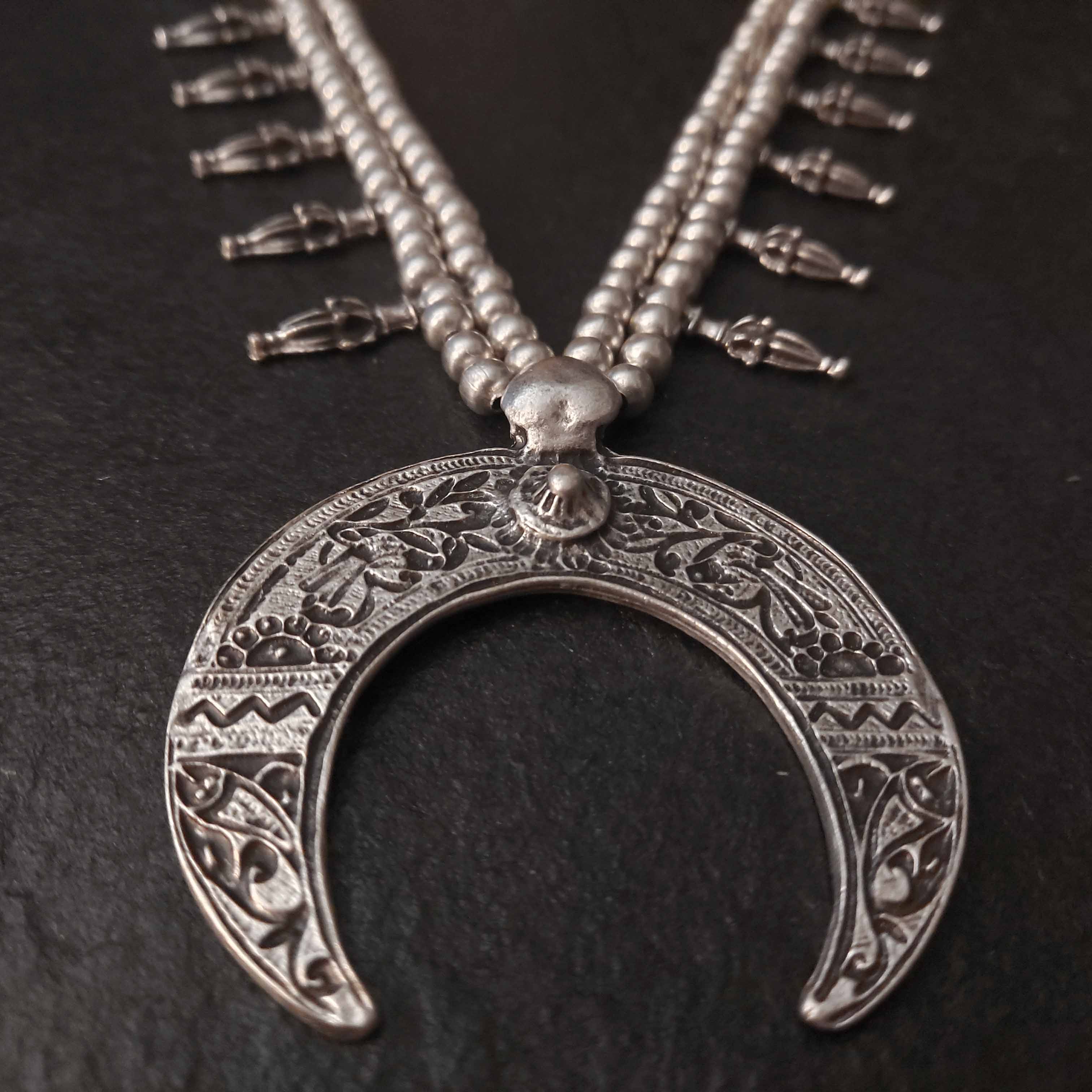 Silver crescent moon necklace, tuareg african fringe lunar statement choker