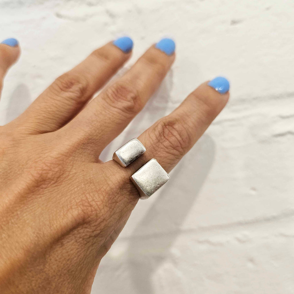Double cube ring, asymmetric square brutalist sculptural modernist statement