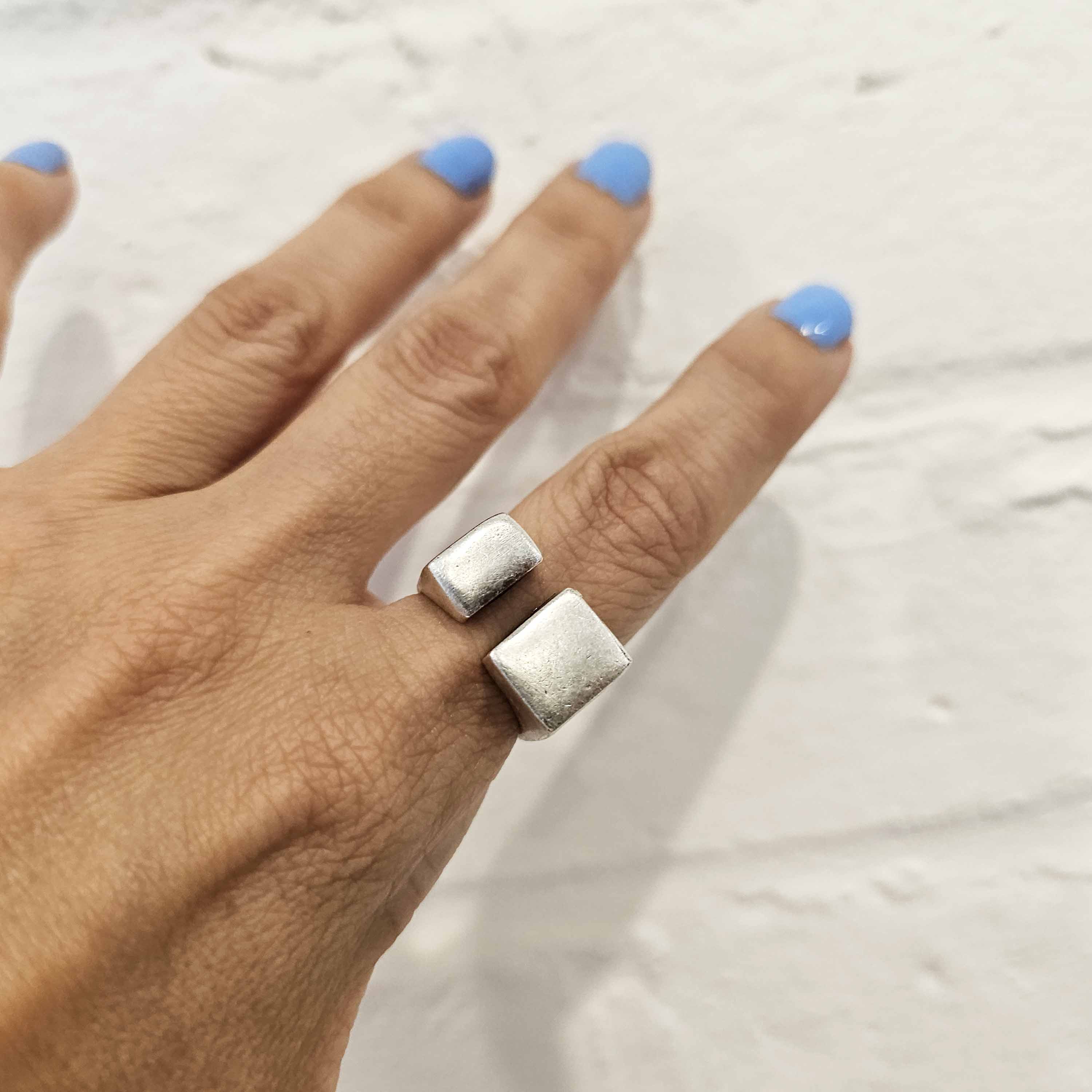 Double cube ring, asymmetric square brutalist sculptural modernist statement