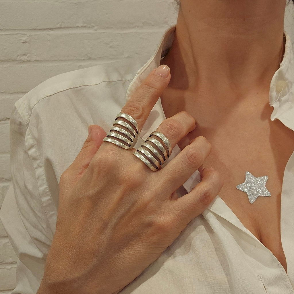 Chunky wide band ring, multi line minimalist brutalist sculptural statement