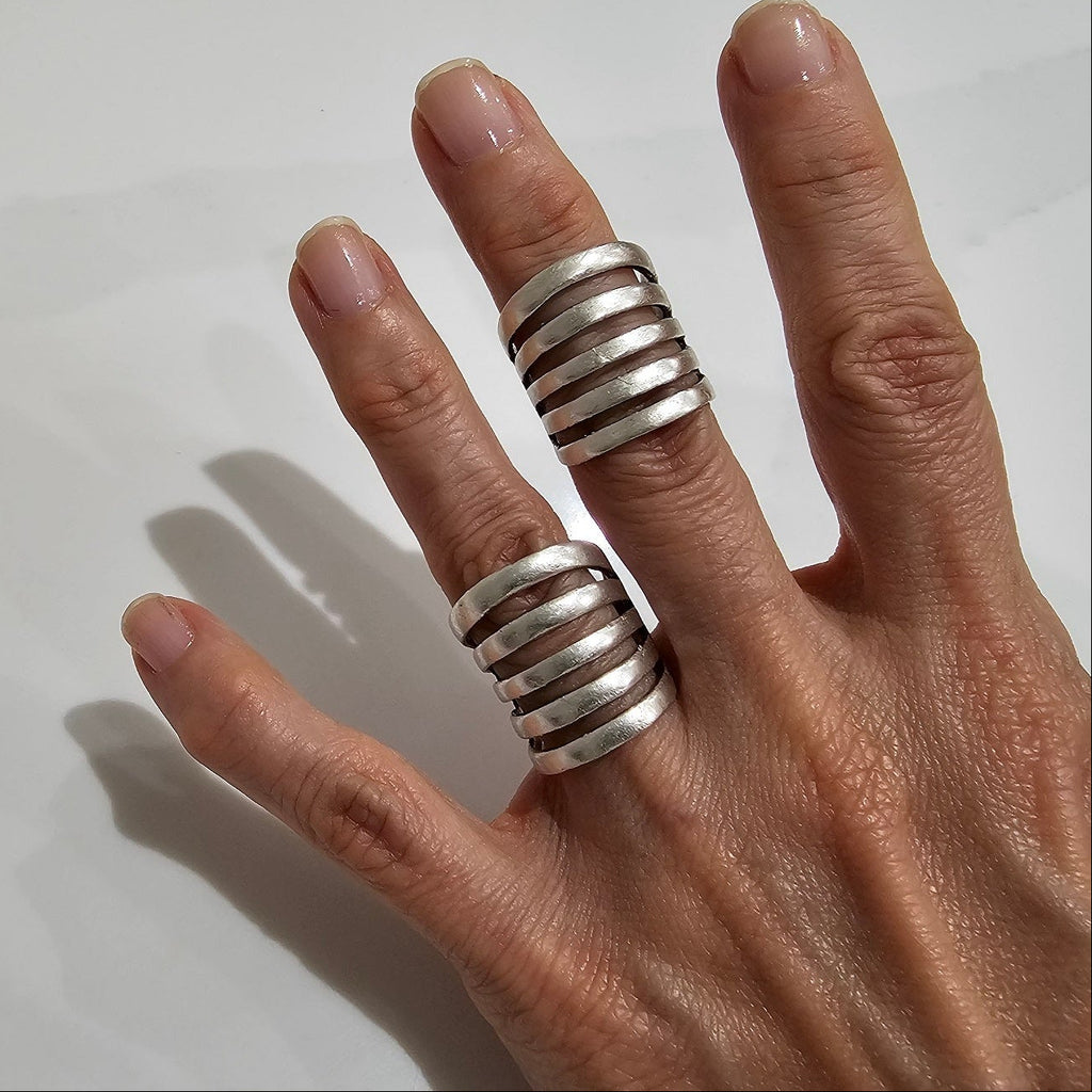 Chunky wide band ring, multi line minimalist brutalist sculptural statement