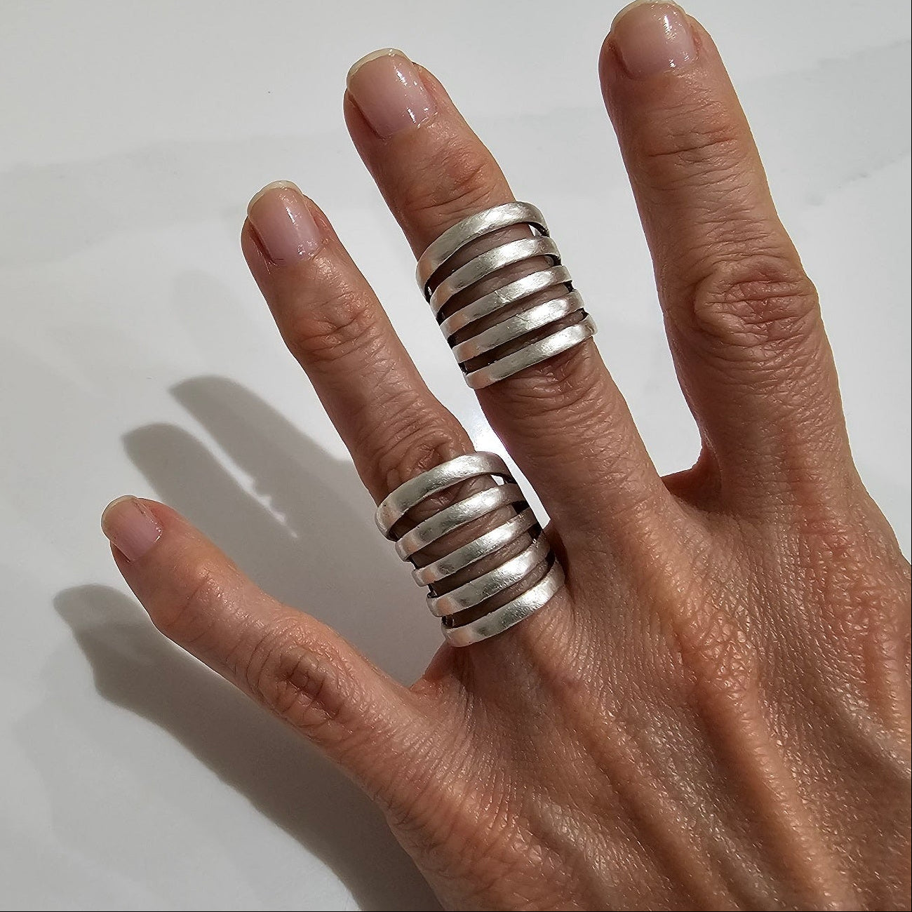 Chunky wide band ring, multi line minimalist brutalist sculptural statement