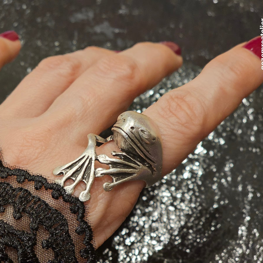 Frog axolotl ring, silver sculptural creature adjustable gothic statement ring