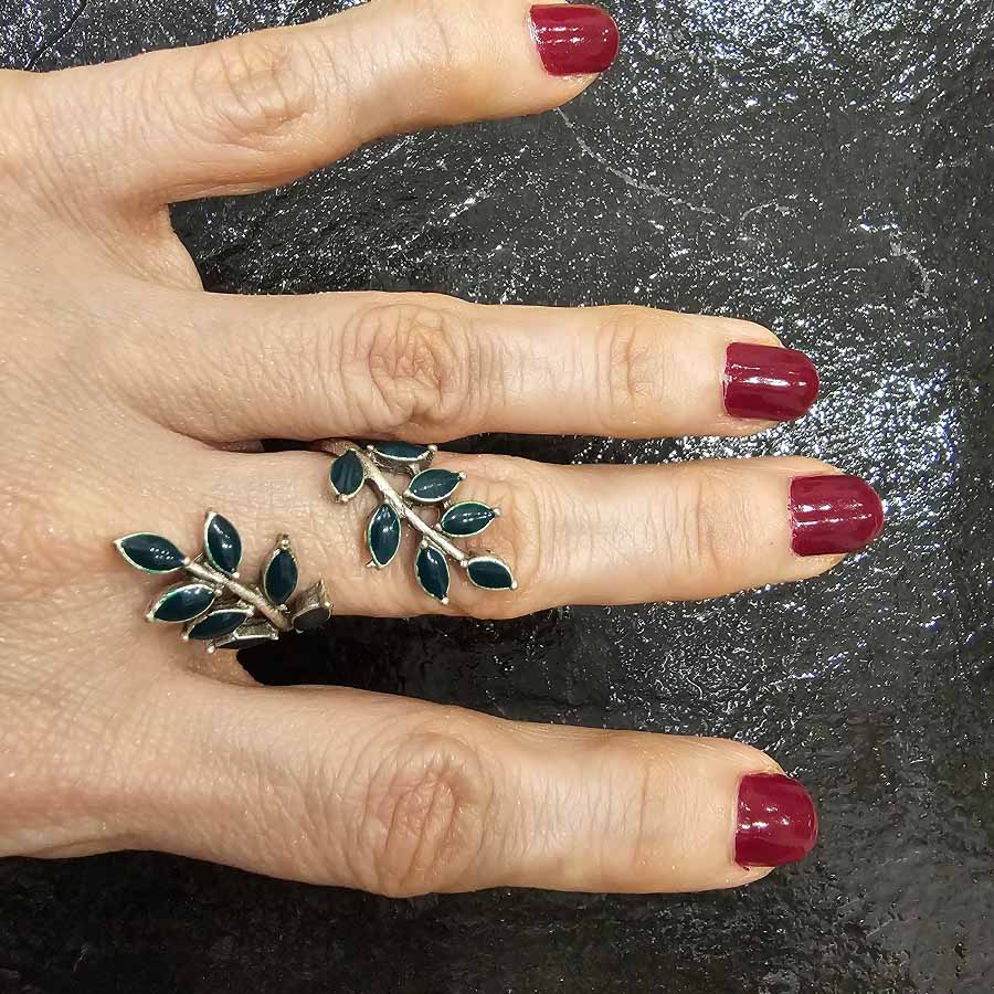 Leaf branch ring, silver boho adjustable wrap statement ring