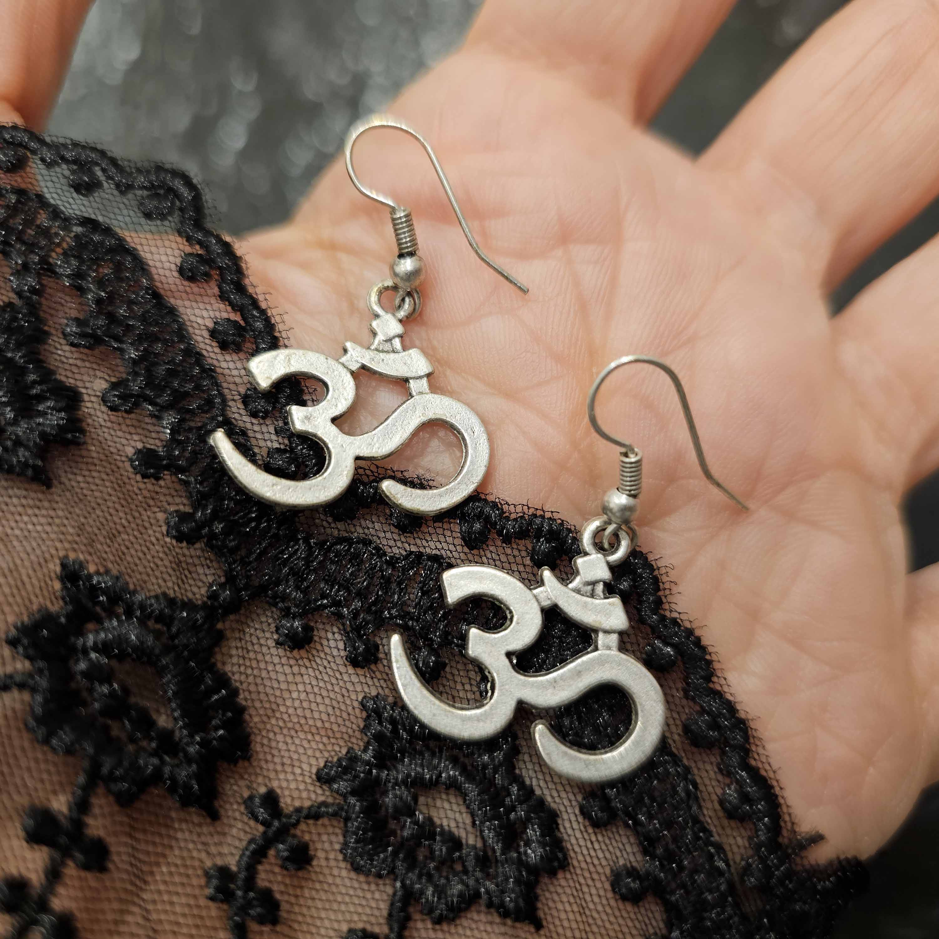 Om symbol silver earrings, yoga spiritual boho zen meditation dangle