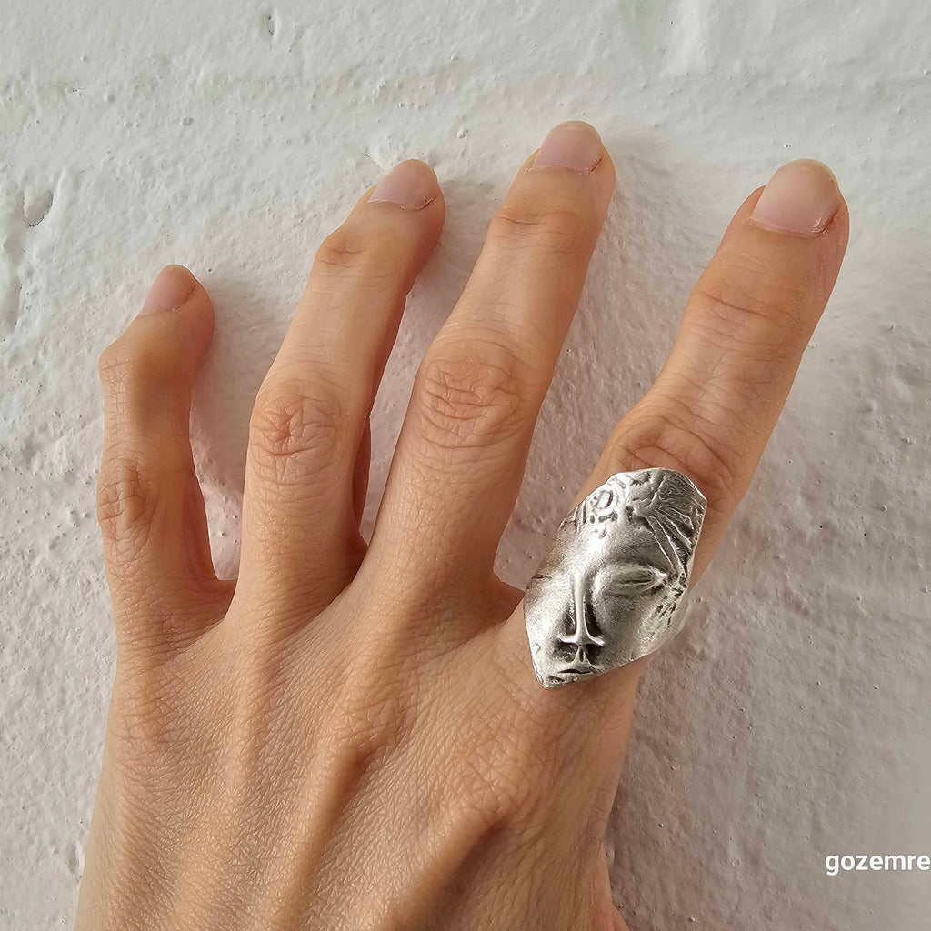 Greek face mask ring, antique silver sculptural adjustable wearable art statement