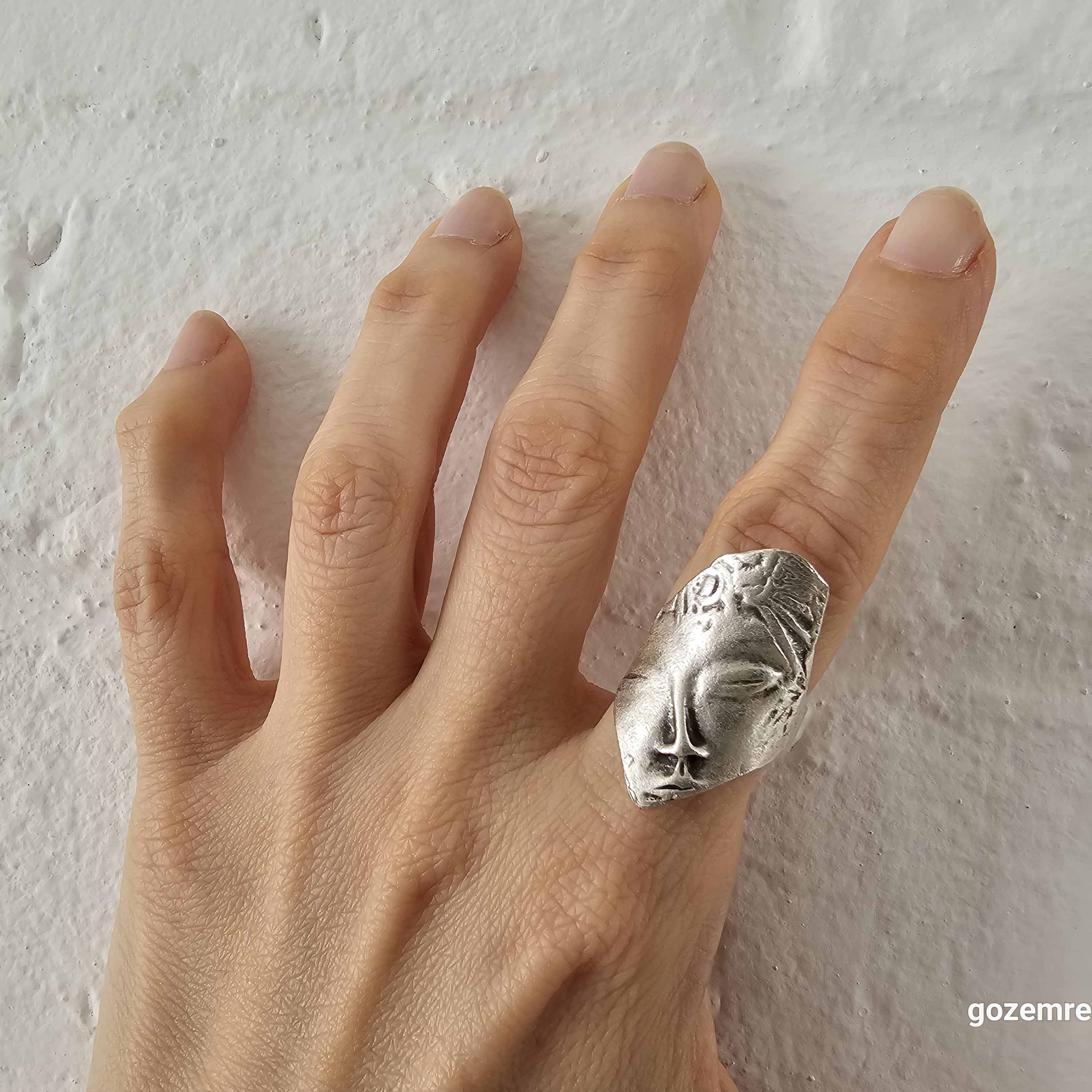 Greek face mask ring, antique silver sculptural adjustable wearable art statement