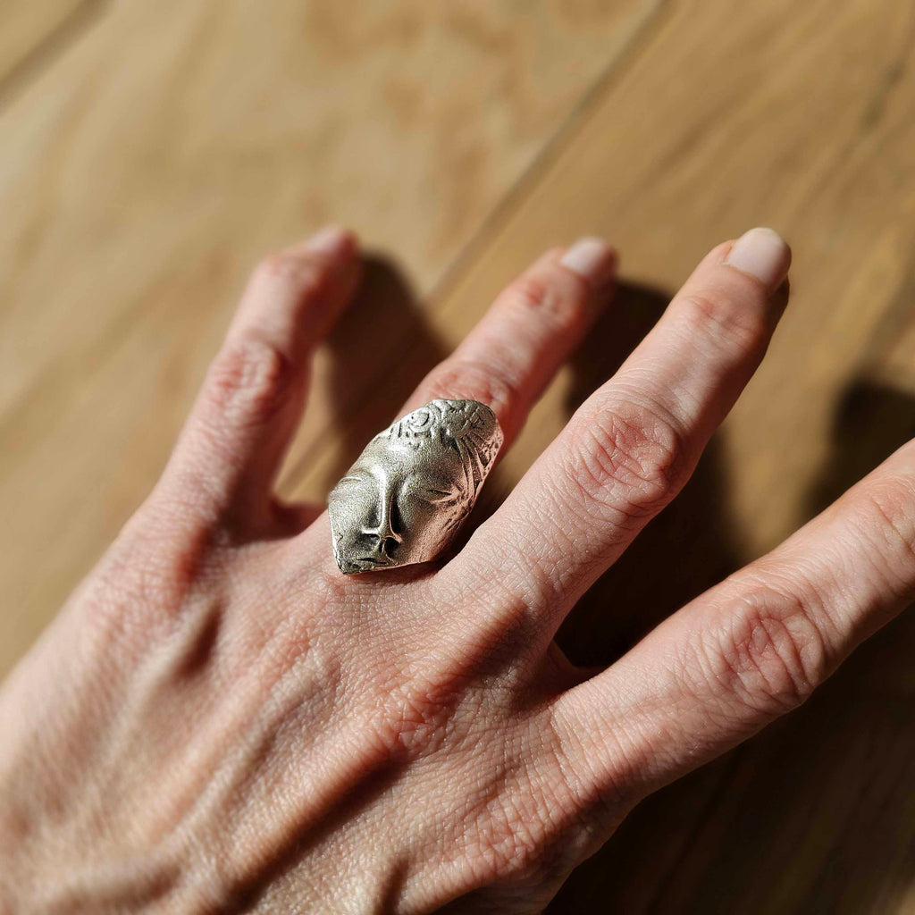 Greek face mask ring, antique silver sculptural adjustable wearable art statement