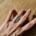 Greek face mask ring, antique silver sculptural adjustable wearable art statement