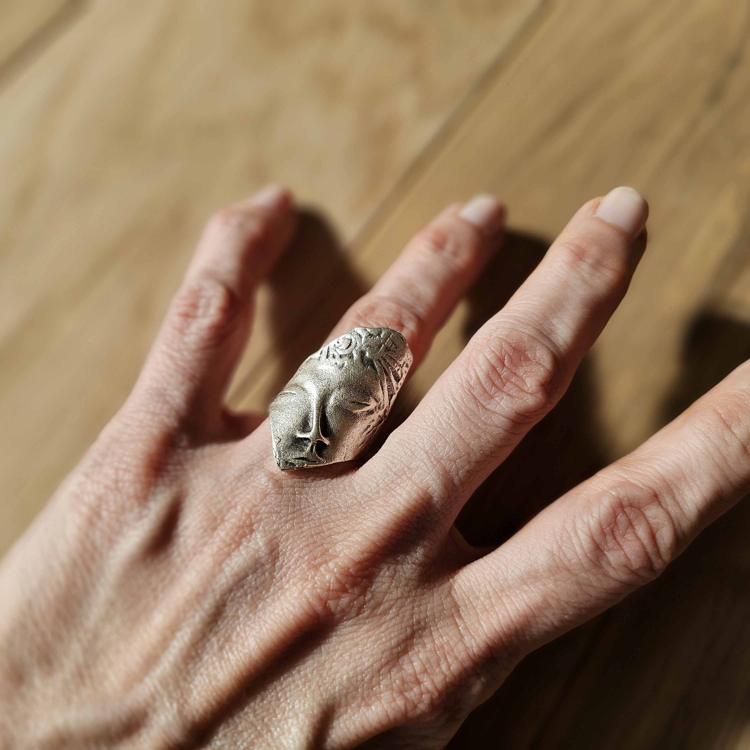 Greek face mask ring, antique silver sculptural adjustable wearable art statement
