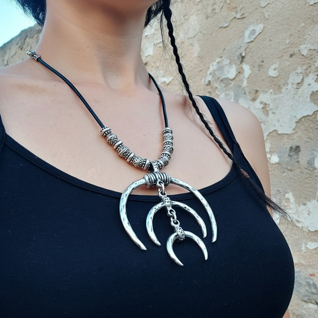 Tuareg double crescent necklace, silver plated african statement, leather cord