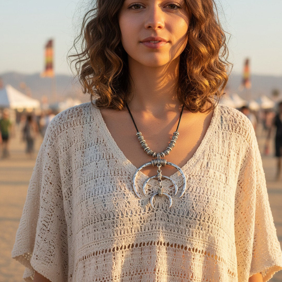 Tuareg double crescent necklace, silver plated african statement, leather cord