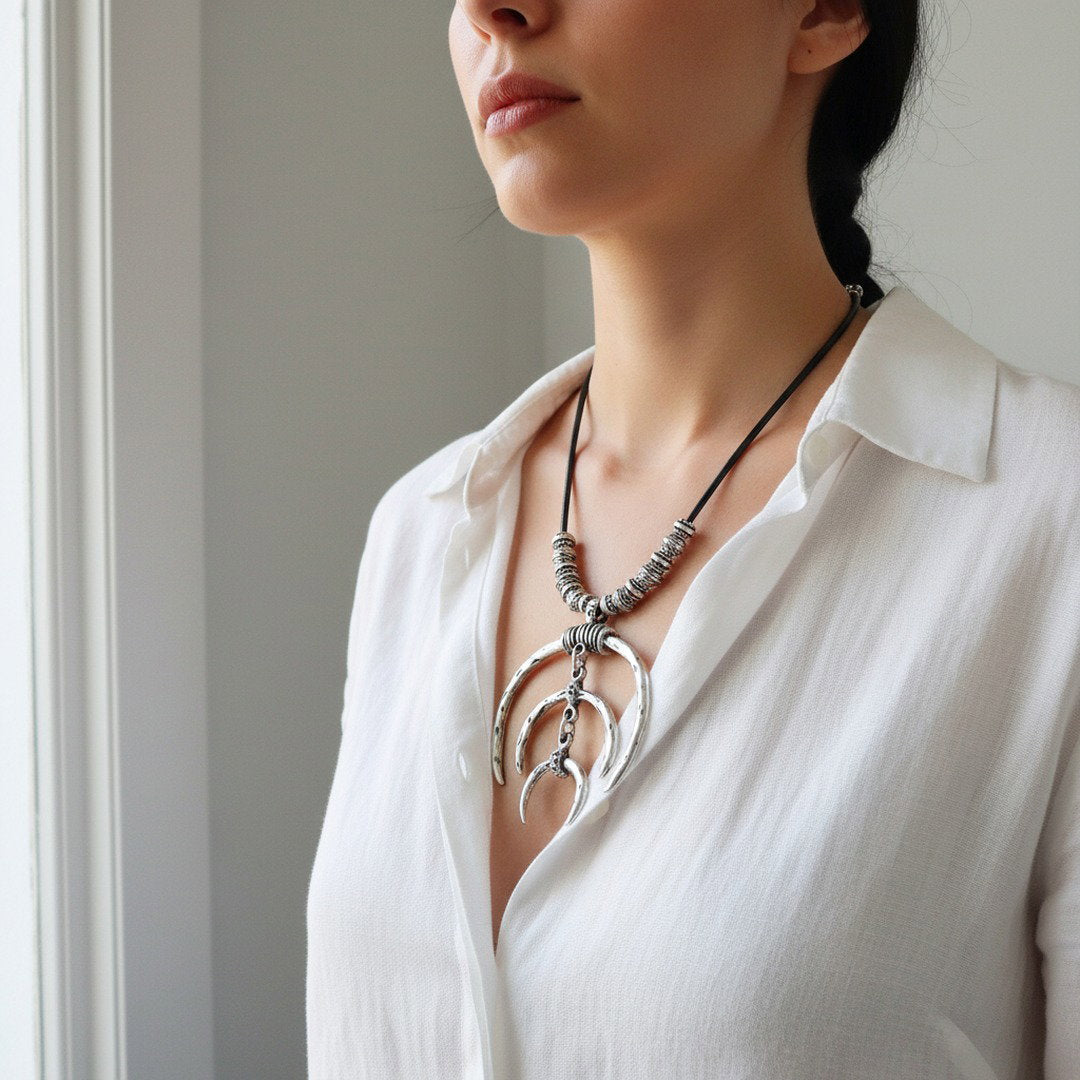 Tuareg double crescent necklace, silver plated african statement, leather cord
