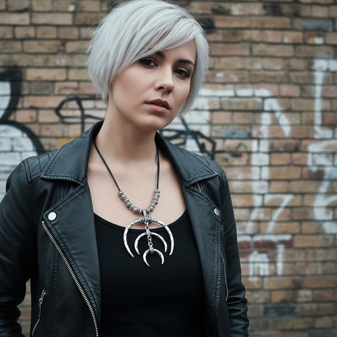 Tuareg double crescent necklace, silver plated african statement, leather cord