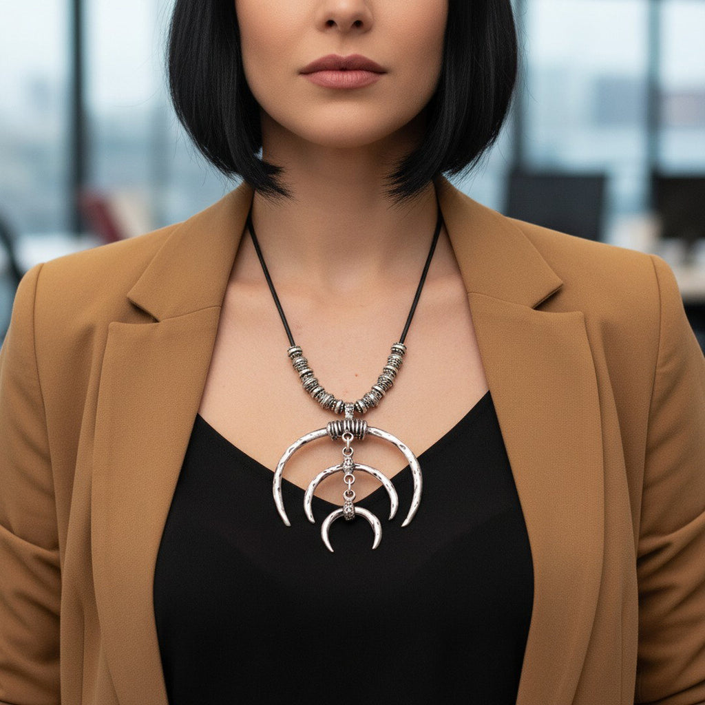 Tuareg double crescent necklace, silver plated african statement, leather cord