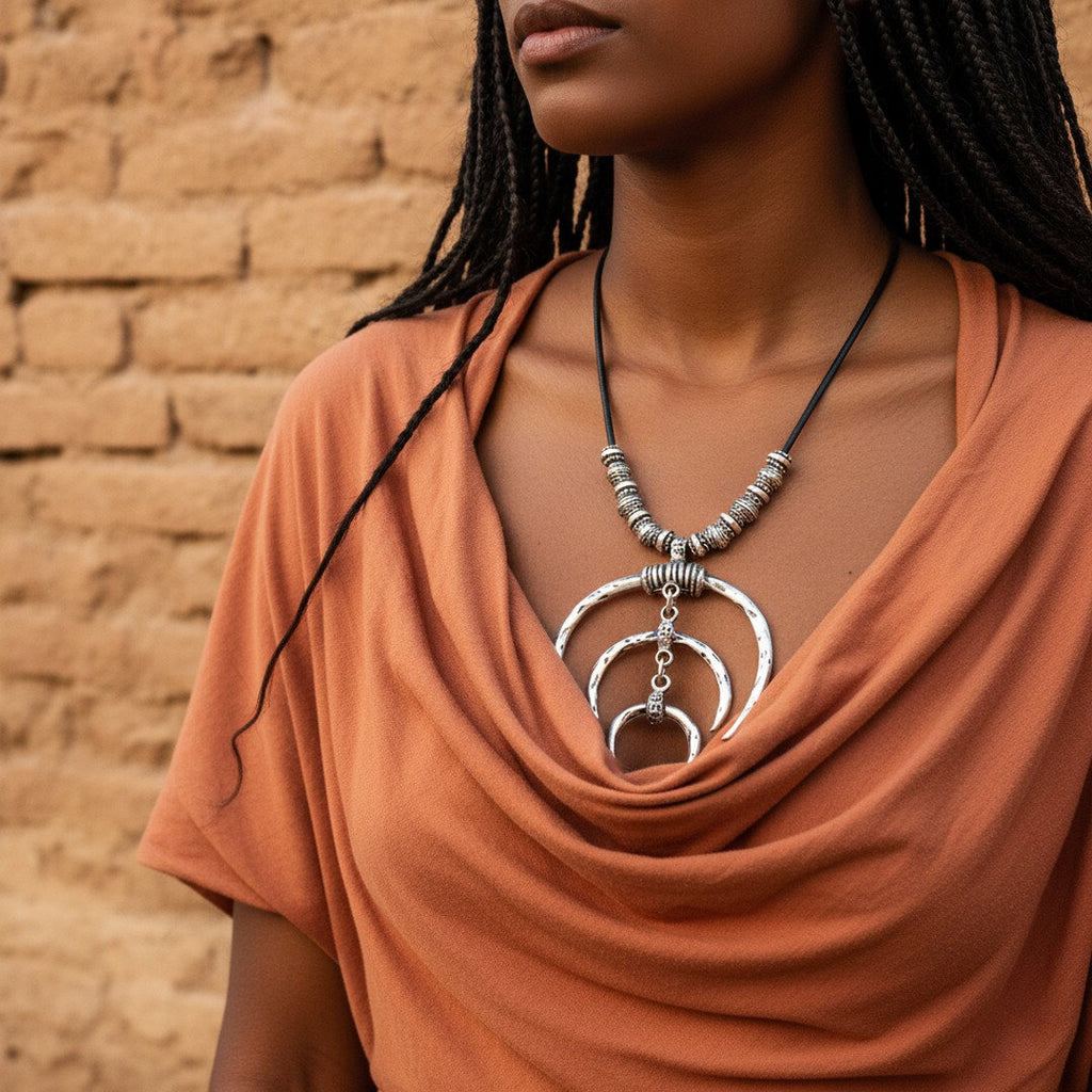 Tuareg double crescent necklace, silver plated african statement, leather cord