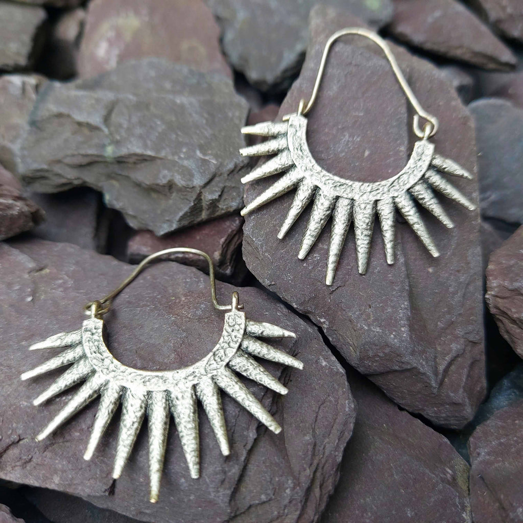 Silver spike hoop earrings, large boho sun ray statement dangle