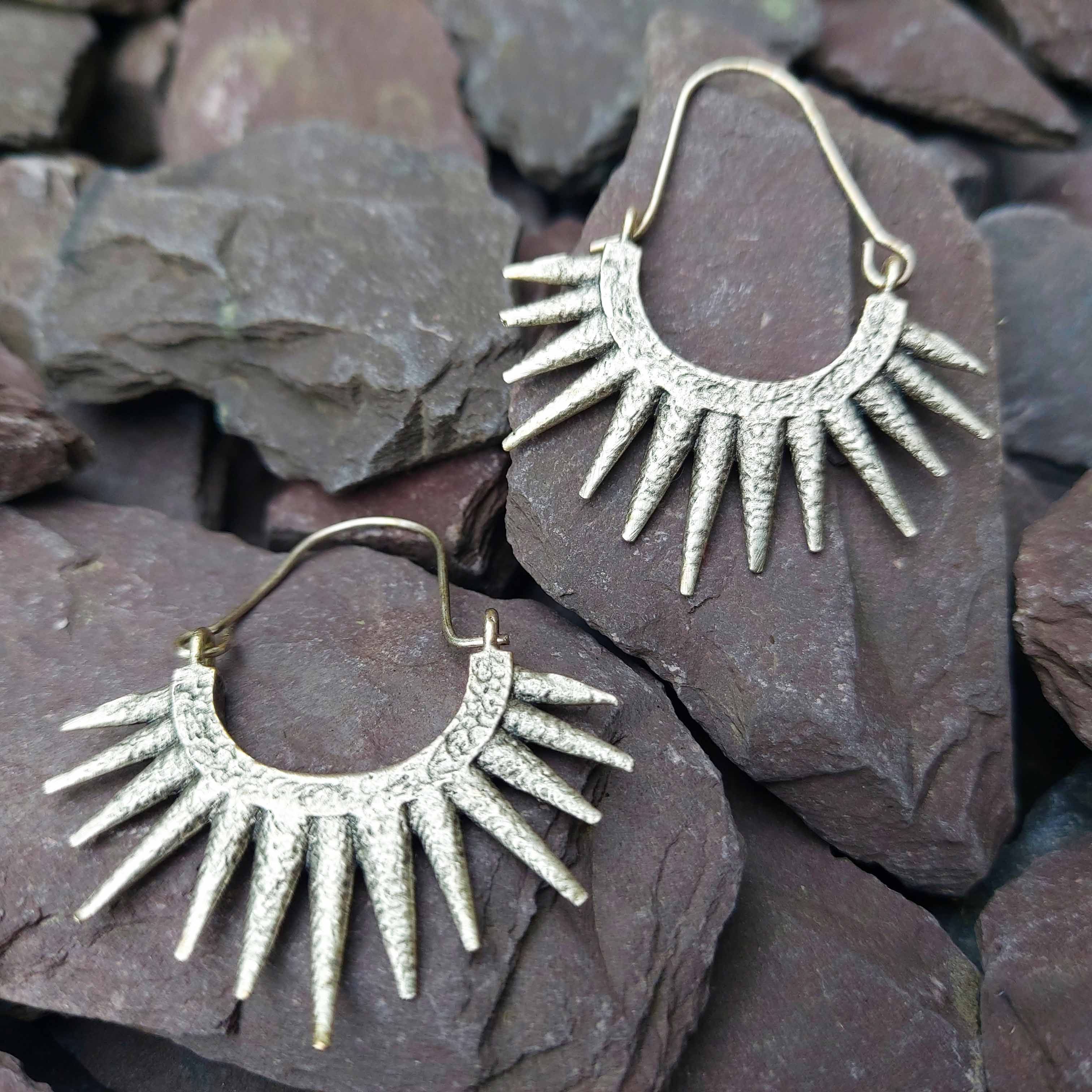 Silver spike hoop earrings, large boho sun ray statement dangle