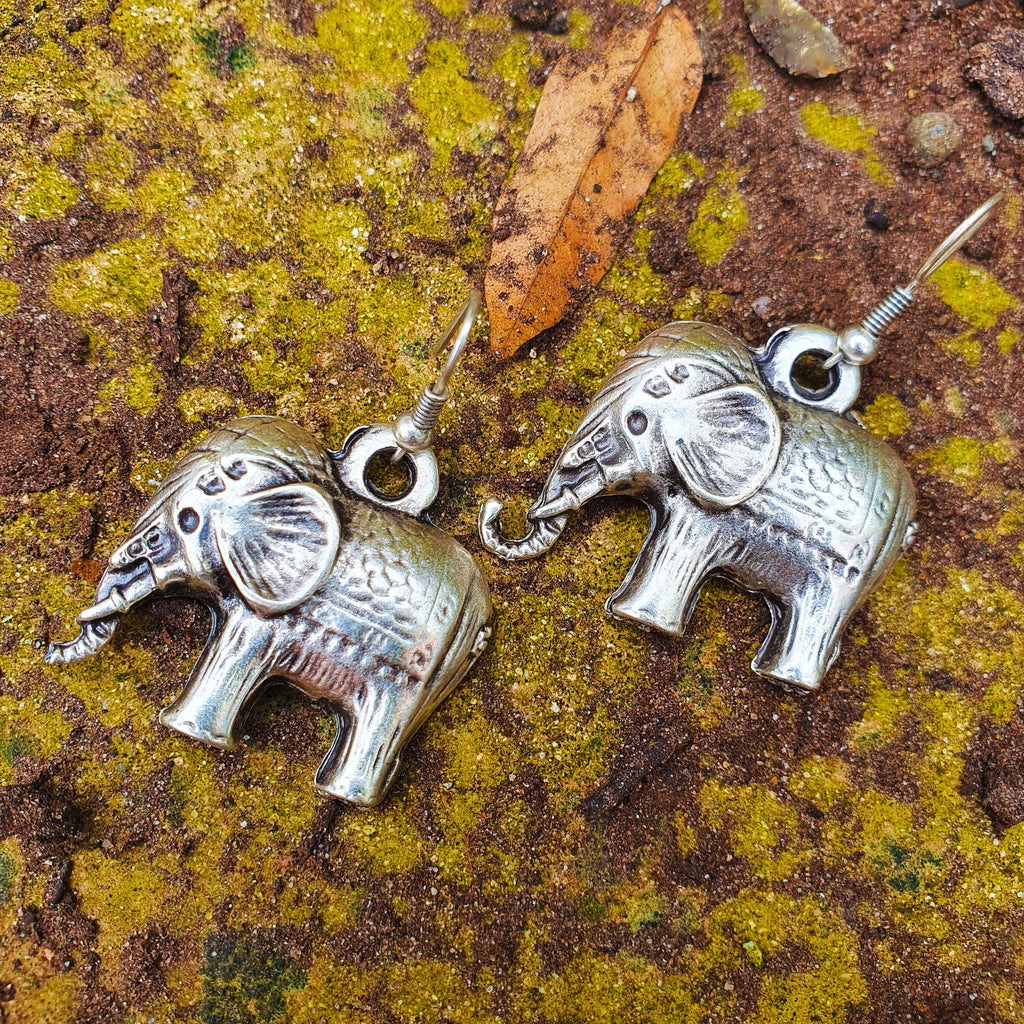 Silver elephant earrings, boho spiritual animal dangle