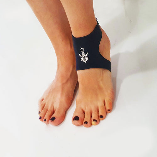 Black leather ankle wrap with silver charm, summer body jewellery