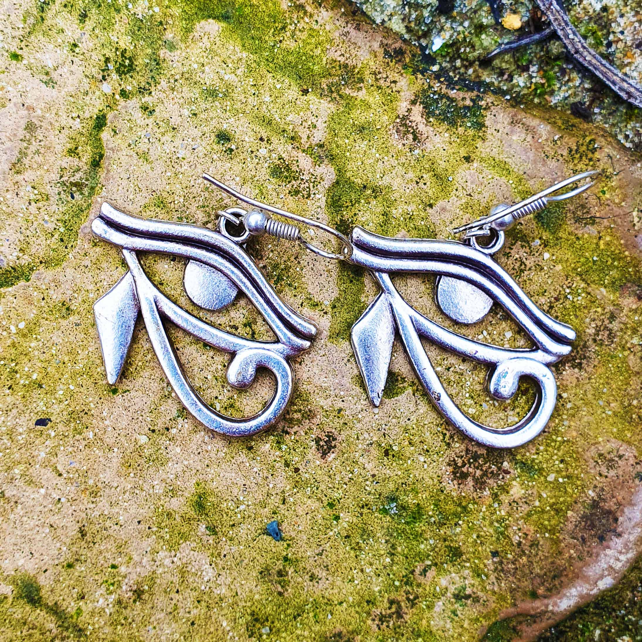 Silver eye of horus earrings, egyptian protection symbol dangle