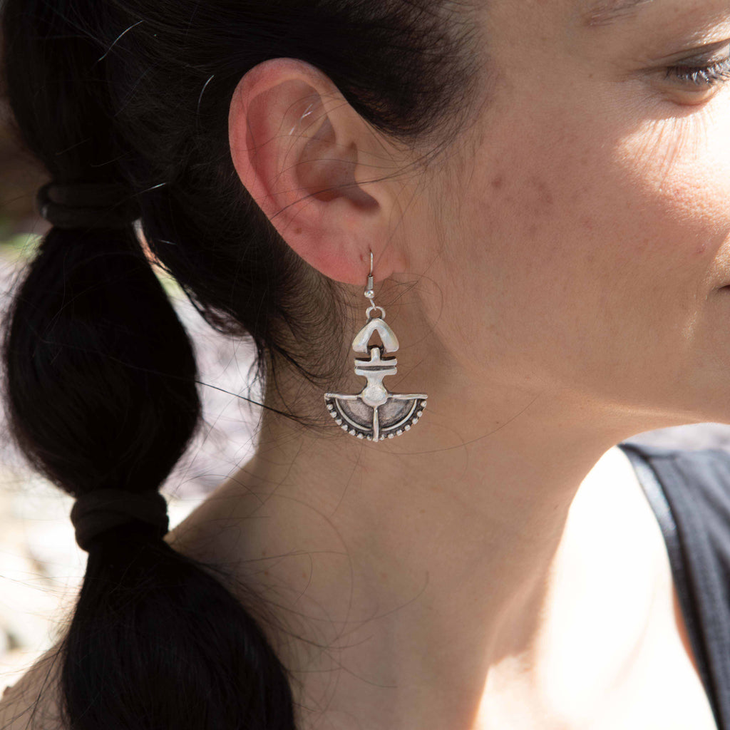 Silver tribal shield earrings, ethnic bohemian statement dangle