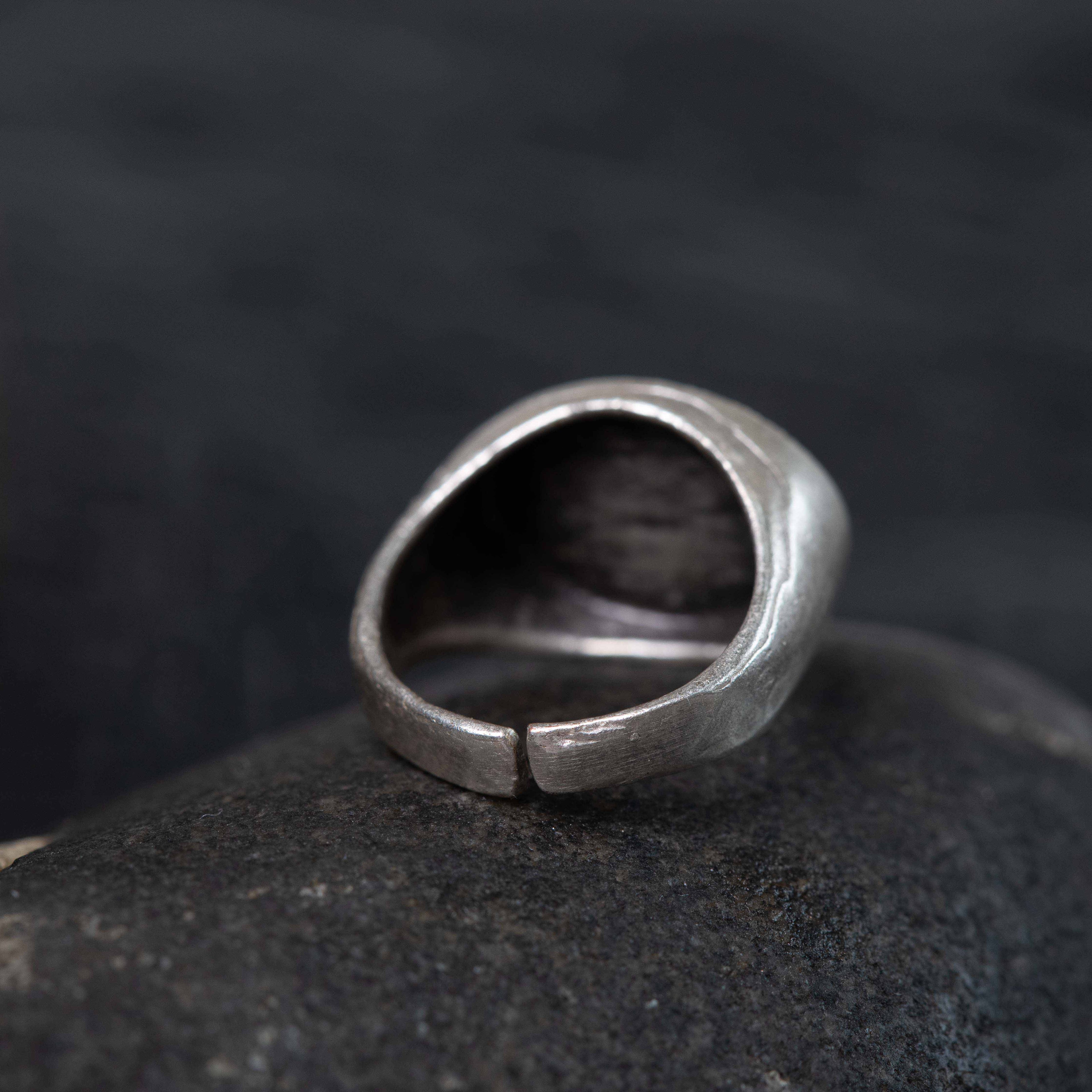 Oval signet ring, brushed textured brutalist adjustable silver pinky ring